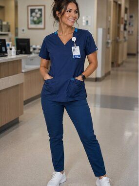 WonderFLEX by WonderWink Women's Navy V-Neck Scrub Top Size S w\ Contrast Trim